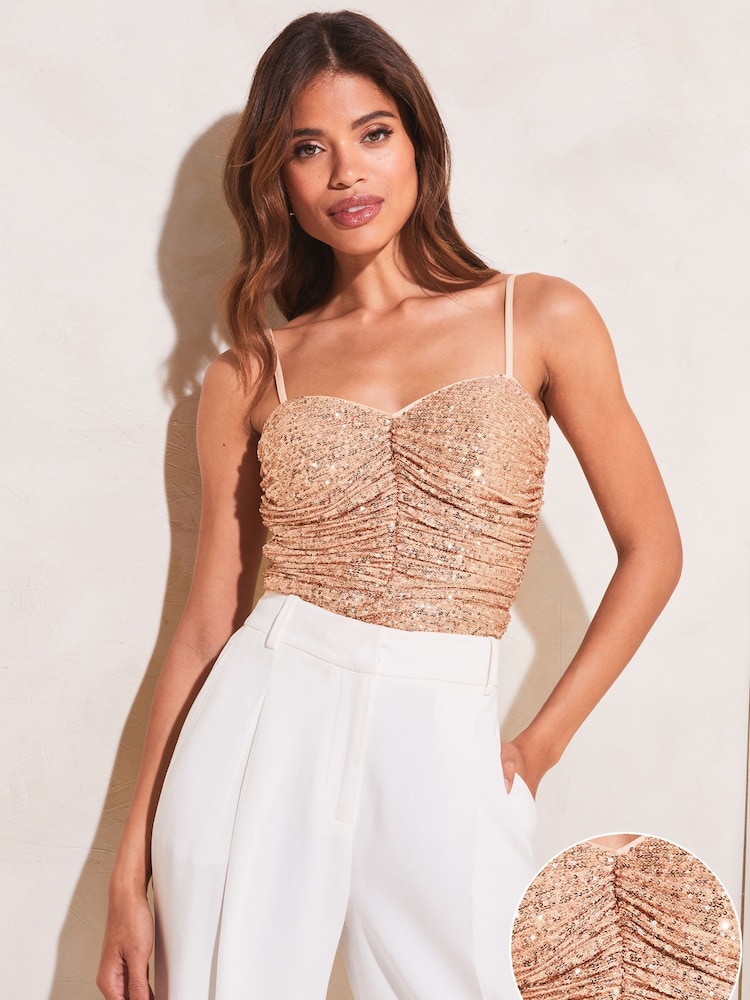 Lipsy Rose Gold Sequin Ruched Corset Cami Top - Image 2 of 5 Lipsy Rose Gold Sequin Ruched Corset Cami Top - Image 2 of 5