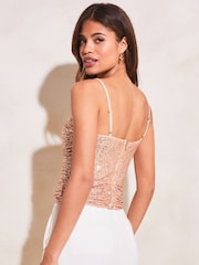 Lipsy Rose Gold Sequin Ruched Corset Cami Top - Image 3 of 5