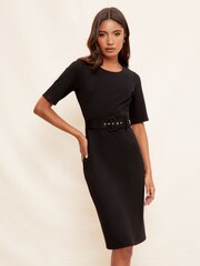 Friends Like These Black Tailored Short Sleeve Belted Midi Dress - Image 1 of 4