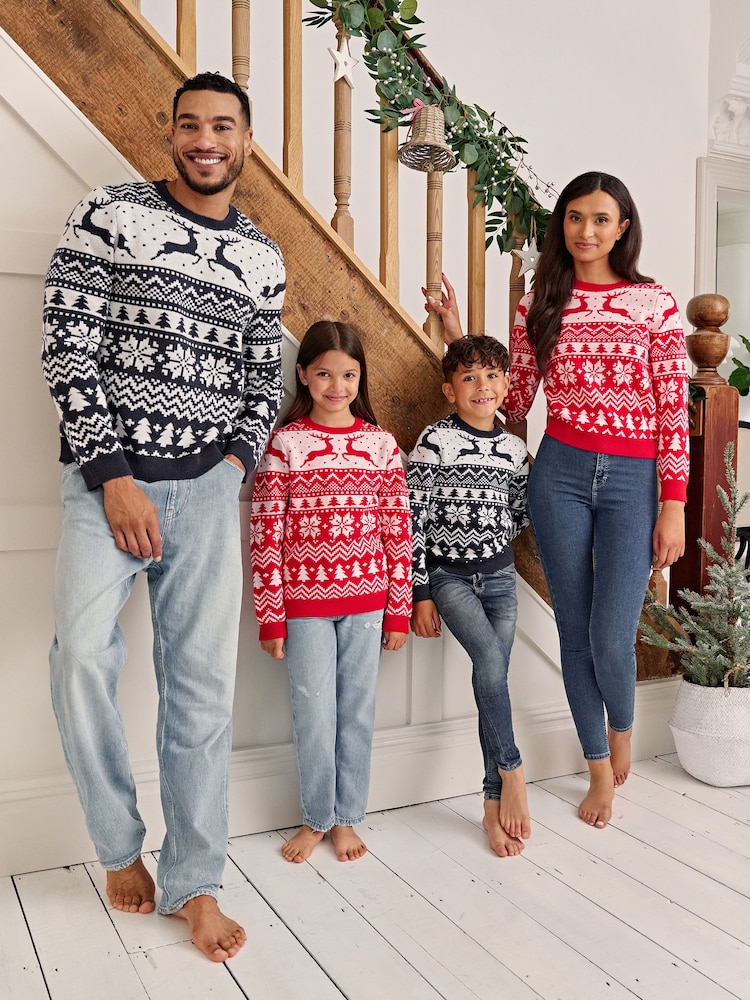 Society 8 Red Reindeer Fairisle Matching Family Reindeer Christmas Jumper - Image 1 of 5