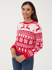 Society 8 Red Reindeer Fairisle Matching Family Reindeer Christmas Jumper - Image 3 of 5
