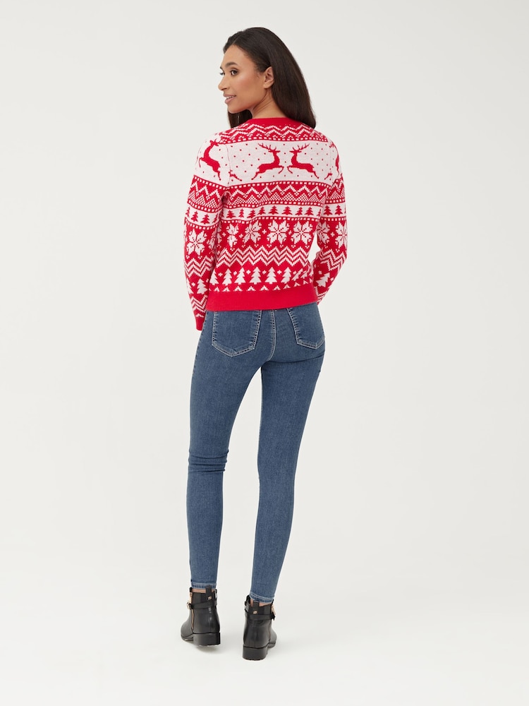 Society 8 Red Reindeer Fairisle Matching Family Reindeer Christmas Jumper - Image 5 of 5