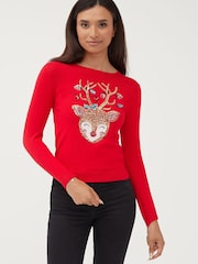 Society 8 Red Reindeer Matching Family Reindeer Christmas Jumper - Image 4 of 5