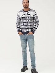 Society 8 Navy Reindeer Fairisle Matching Family Reindeer Christmas Jumper - Image 2 of 5