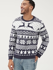Society 8 Navy Reindeer Fairisle Matching Family Reindeer Christmas Jumper - Image 3 of 5