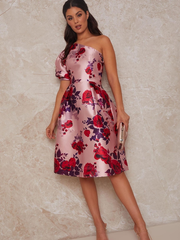 Chi Chi London Pink One Shoulder Puff Sleeve Floral Printed Midi Dress - Image 1 of 4 Chi Chi London Pink One Shoulder Puff Sleeve Floral Printed Midi Dress - Image 1 of 4