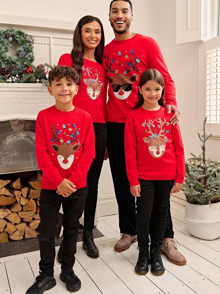 Society 8 Red Reindeer Matching Family Reindeer Christmas Jumper - Image 1 of 5