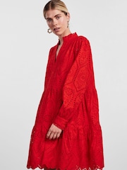 Y.A.S Red Broderie Long Sleeved Dress - Image 1 of 5
