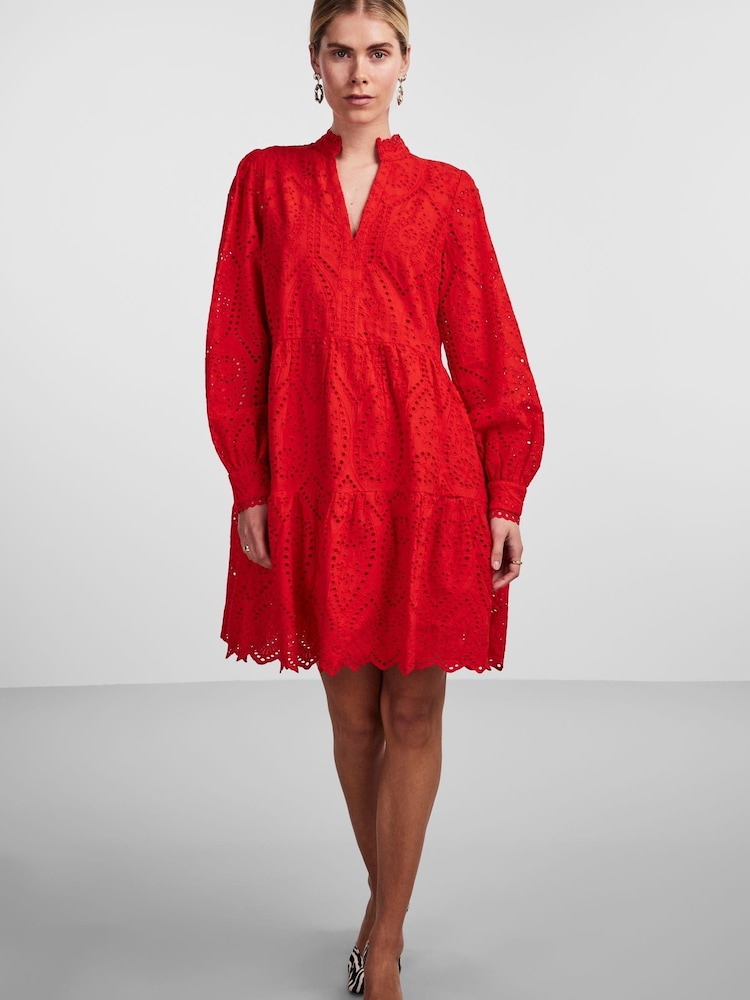 Y.A.S Red Broderie Long Sleeved Dress - Image 2 of 5