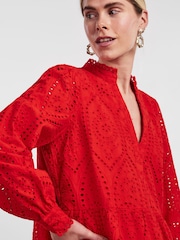 Y.A.S Red Broderie Long Sleeved Dress - Image 4 of 5