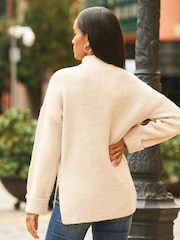 Sosandar Cream High Neck Folded Button Cuff Jumper - Image 3 of 6