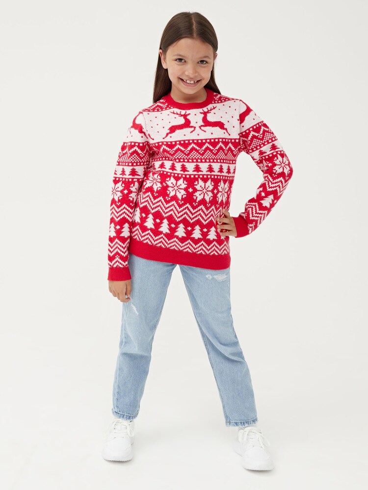 Society 8 Red Reindeer Fairisle Matching Family Reindeer Christmas Jumper - Image 2 of 5