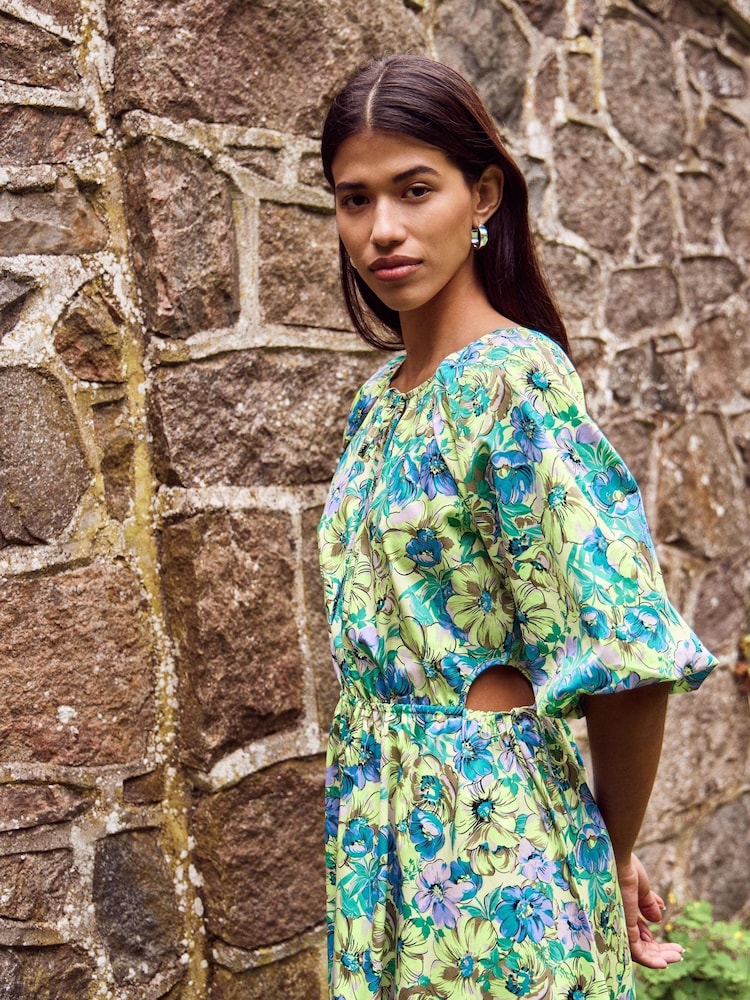 Y.A.S Blue Floral Cut Out Puff Sleeve Midi Dress - Image 2 of 3