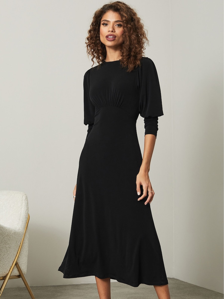 Lipsy Black Jersey Long Puff Sleeve Midi Dress - Image 1 of 4