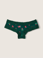 Victoria's Secret PINK Dark Garden Green Christmas Print Cotton Lace Trim Cheeky Knickers - Image 1 of 1