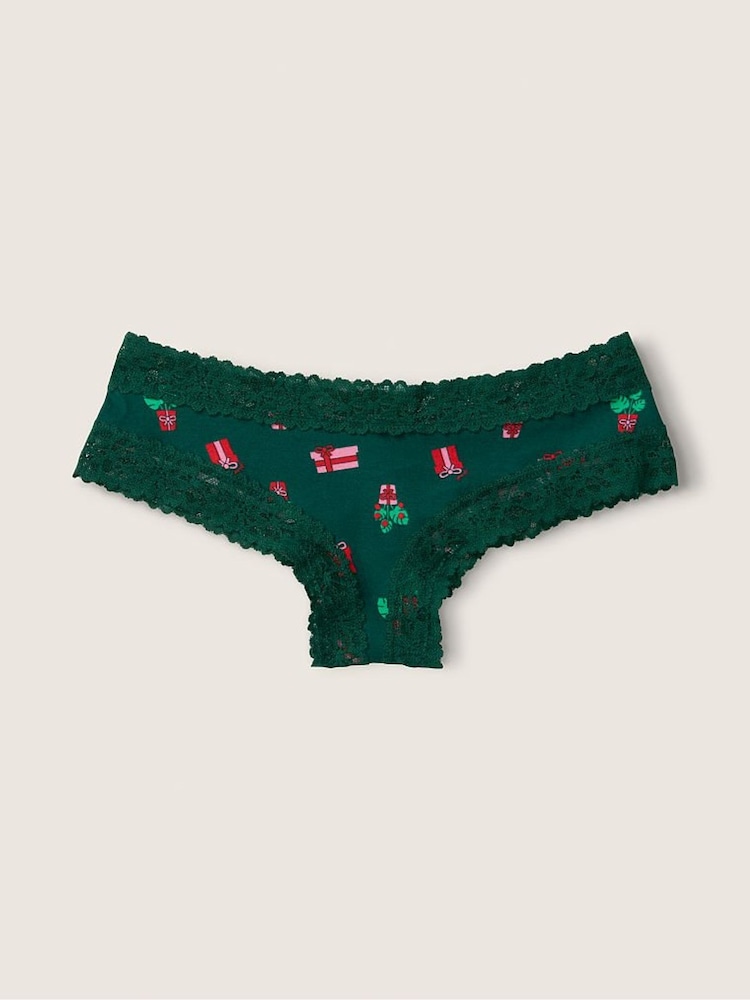 Victoria's Secret PINK Dark Garden Green Christmas Print Cotton Lace Trim Cheeky Knickers - Image 1 of 1