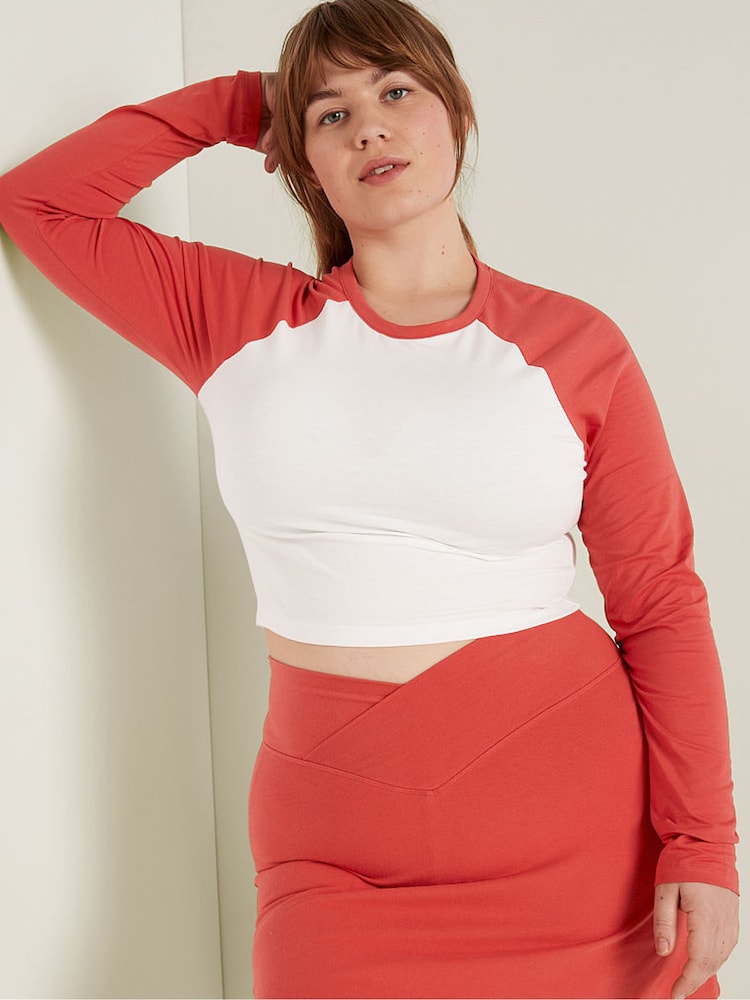 Victoria's Secret PINK Red and White Long Sleeve Crop T-Shirt - Image 1 of 1