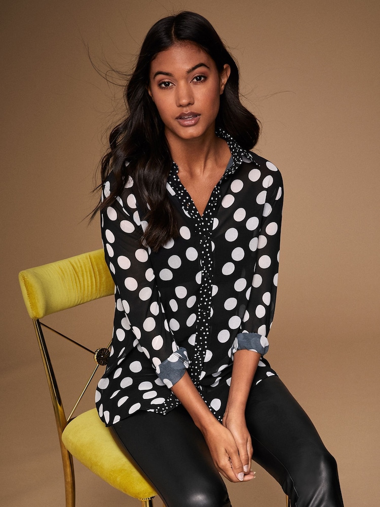 Lipsy Black/White Spot Petite Collared Button Through Shirt - Image 2 of 4 Lipsy Black/White Spot Petite Collared Button Through Shirt - Image 2 of 4