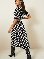 Lipsy Mono Spot Puff Sleeve Tie Waist Summer Midi Dress - Image 2 of 4