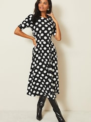 Lipsy Mono Spot Puff Sleeve Tie Waist Summer Midi Dress - Image 3 of 4