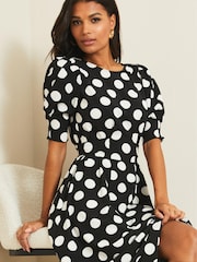 Lipsy Mono Spot Puff Sleeve Tie Waist Summer Midi Dress - Image 4 of 4