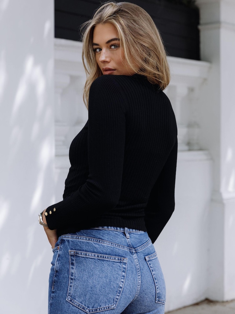 Lipsy Black Knitted Roll Neck Ribbed Button Detail Long Sleeve Jumper - Image 2 of 4