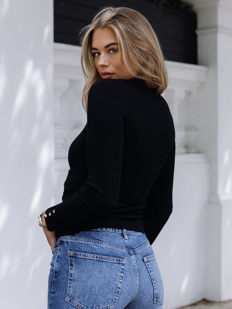 Lipsy Black Knitted Roll Neck Ribbed Button Detail Long Sleeve Jumper - Image 2 of 4 Lipsy Black Knitted Roll Neck Ribbed Button Detail Long Sleeve Jumper - Image 2 of 4