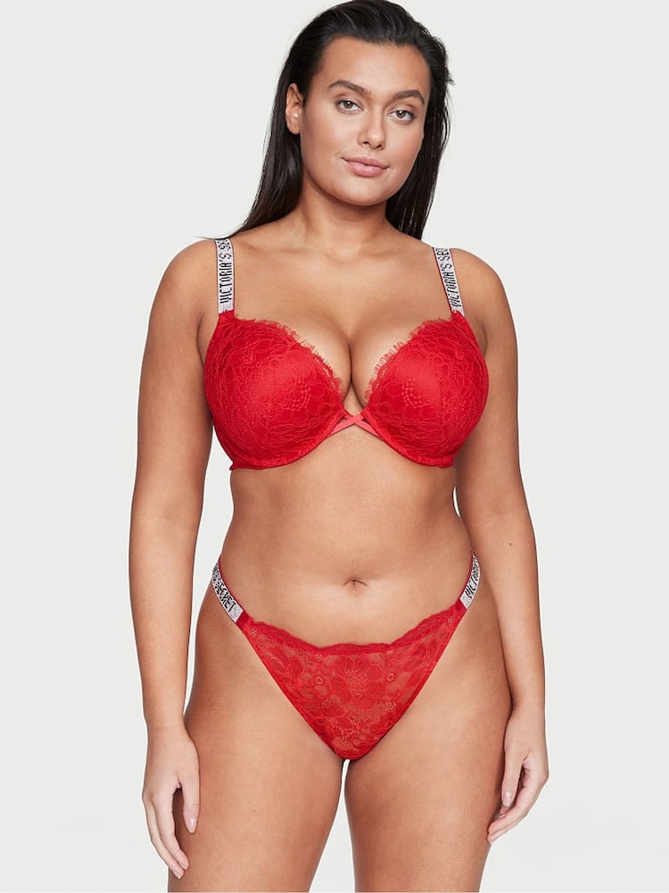 Victoria's Secret Lipstick Red Lace Shine Strap Thong Panty - Image 1 of 3 Victoria's Secret Lipstick Red Lace Shine Strap Thong Panty - Image 1 of 3