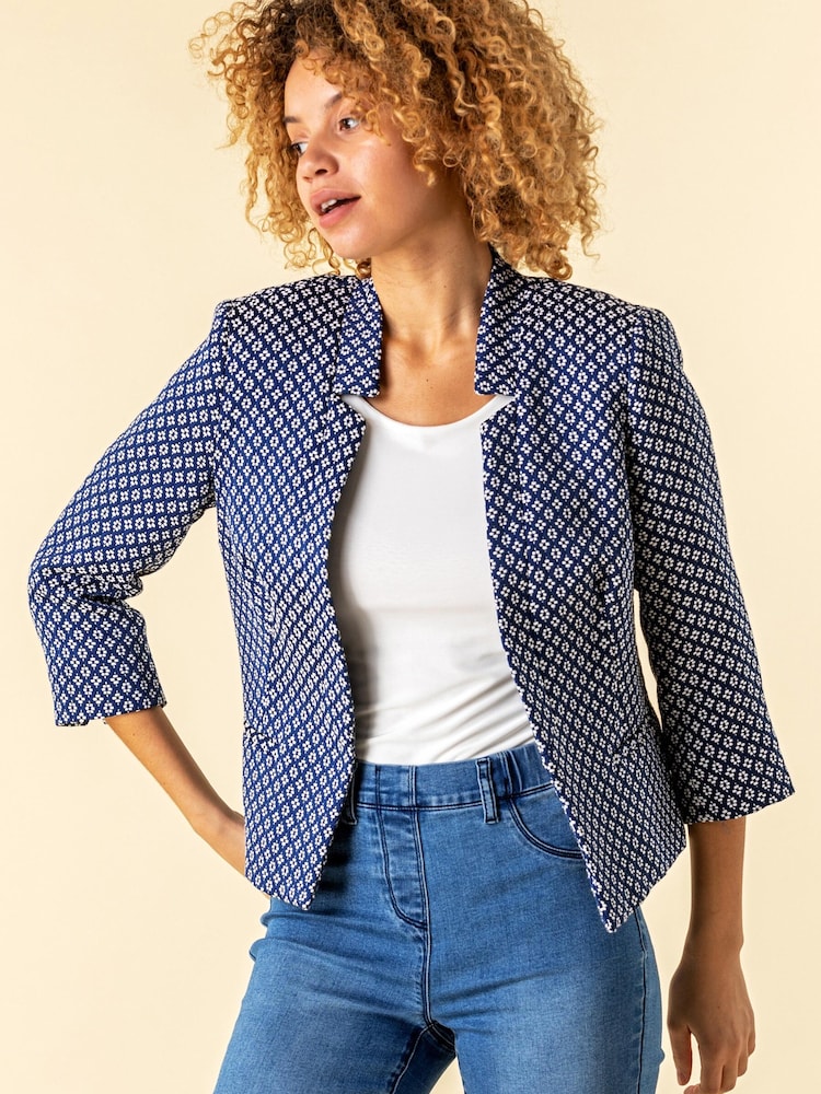 Roman Navy Jacquard Print Notch Neck Jacket - Image 1 of 4