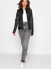 Long Tall Sally Black Faux Leather Funnel Neck Jacket - Image 2 of 5