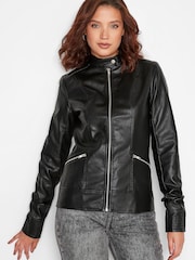 Long Tall Sally Black Faux Leather Funnel Neck Jacket - Image 3 of 5