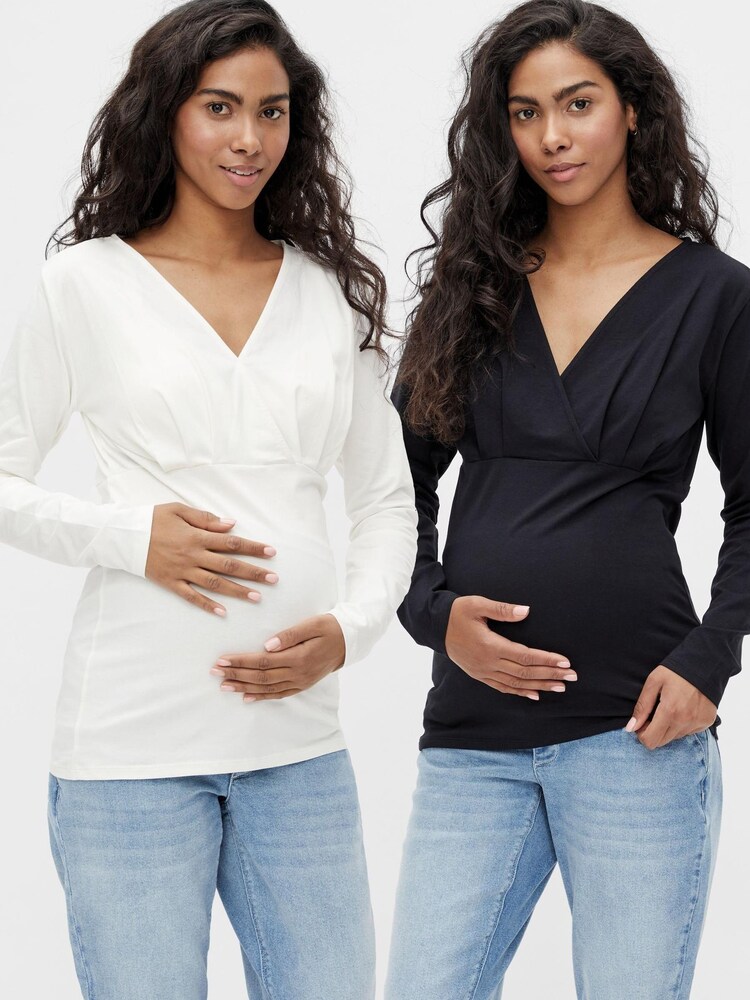 Mamalicious Black 2 Pack V Neck Maternity & Nursing Function Long Sleeve Top - Image 1 of 7 Mamalicious Black 2 Pack V Neck Maternity & Nursing Function Long Sleeve Top - Image 1 of 7