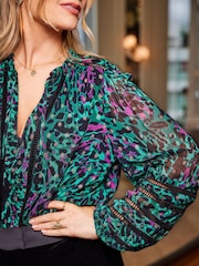 Love & Roses Green Animal Metallic Spot Ruffle Neck Lace Trim Long Sleeve Button Through Blouse - Image 4 of 4