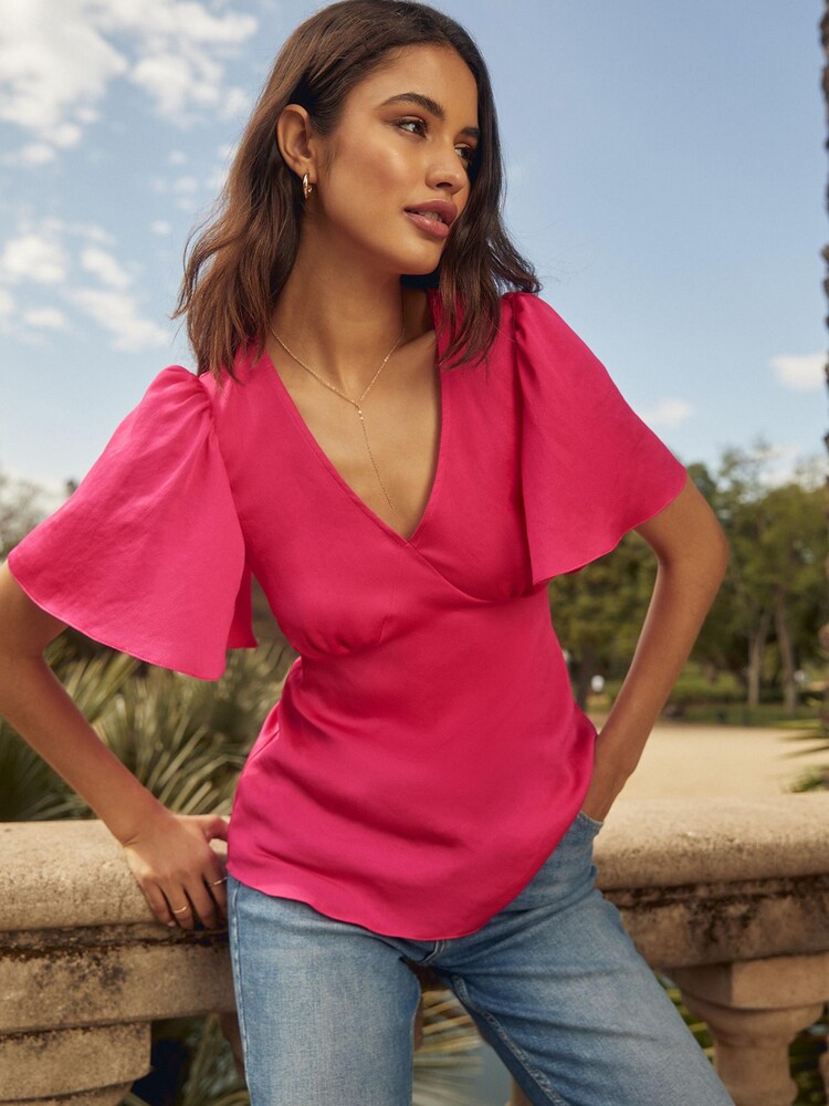 Friends Like These Pink Satin V Neck Empire Blouse - Image 2 of 4