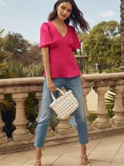 Friends Like These Pink Satin V Neck Empire Blouse - Image 3 of 4
