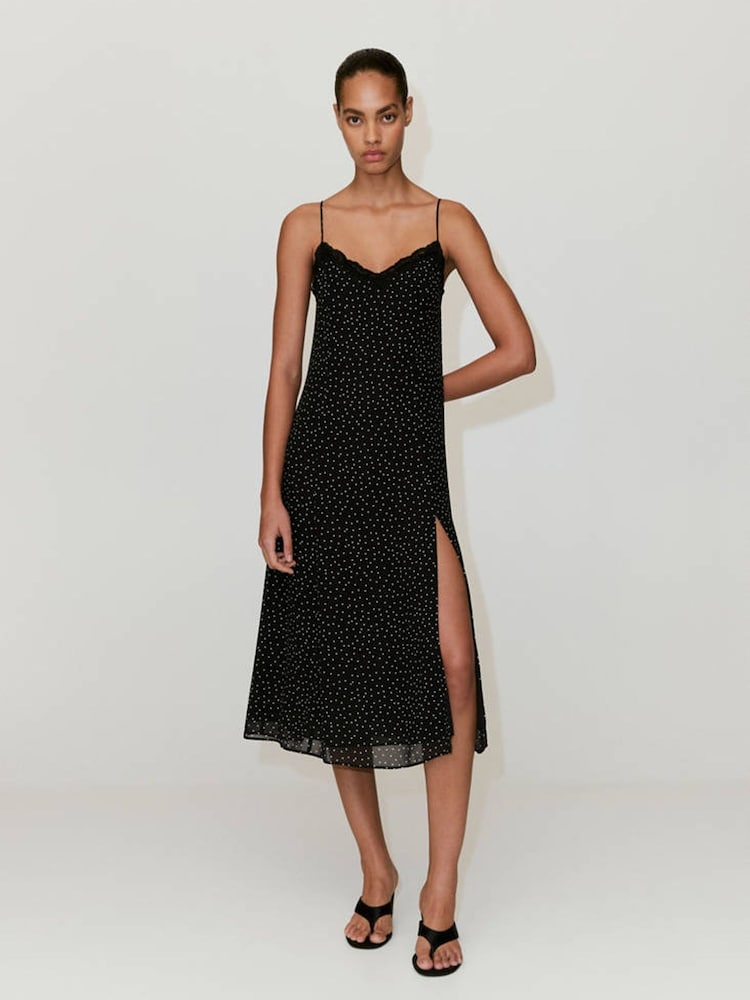 Mango Black Polka Dot Cami Midi Dress - Image 1 of 7 Mango Black Polka Dot Cami Midi Dress - Image 1 of 7