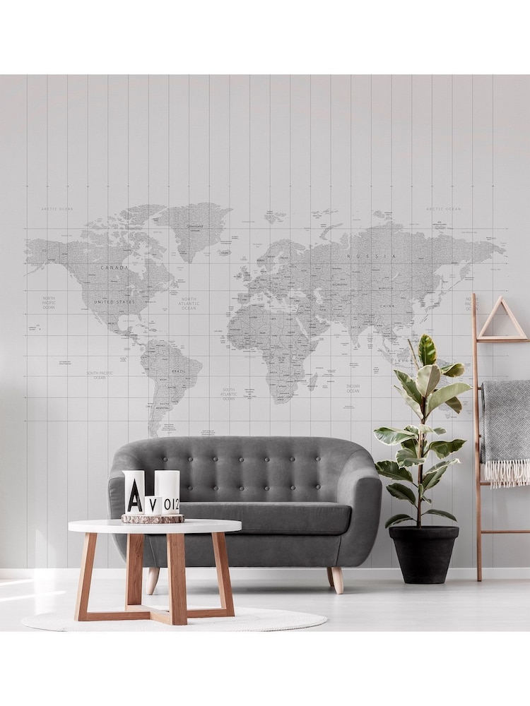 Art For The Home Grey Map Of The World 3M Mural - Image 1 of 4