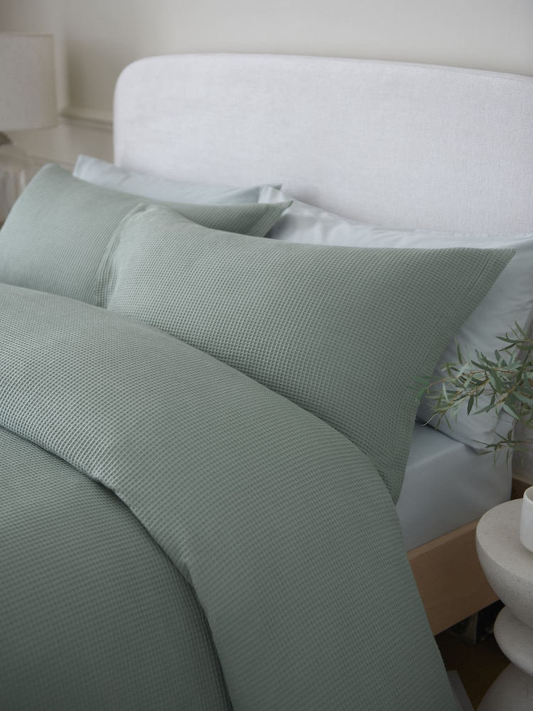 Sage Green Waffle Duvet Cover And Pillowcase Set - Image 2 of 6