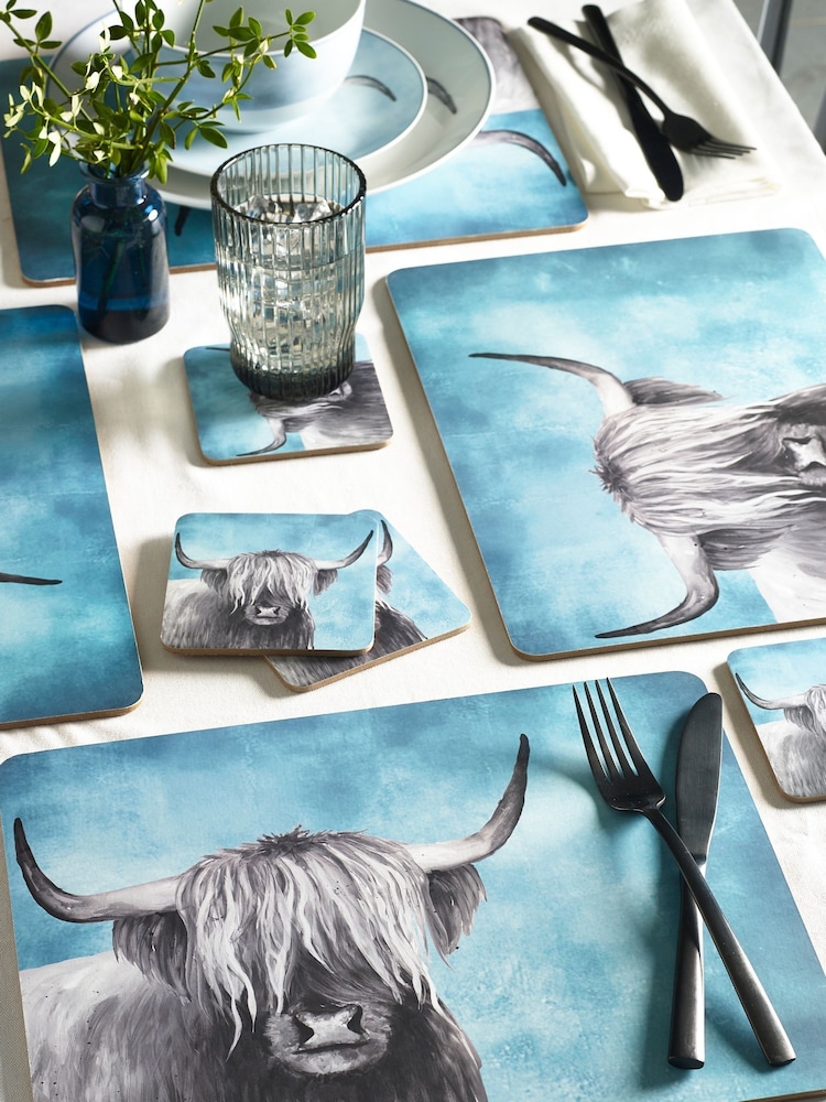 Set of 4 Teal Blue Hamish The Highland Cow Placemats And Coasters - Image 1 of 4