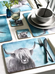 Set of 4 Teal Blue Hamish The Highland Cow Placemats And Coasters - Image 3 of 4