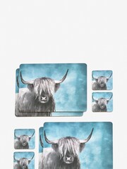 Set of 4 Teal Blue Hamish The Highland Cow Placemats And Coasters - Image 4 of 4