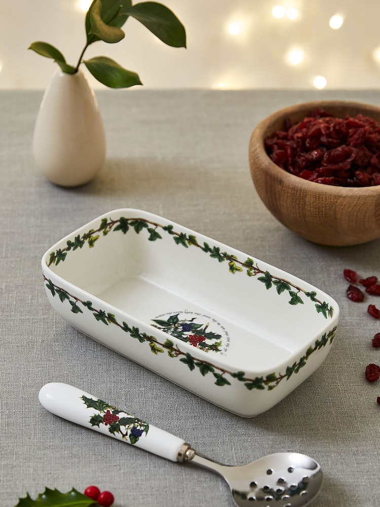Portmeirion White Holly & Ivy Cranberry Dish And Slotted Spoon - Image 2 of 3