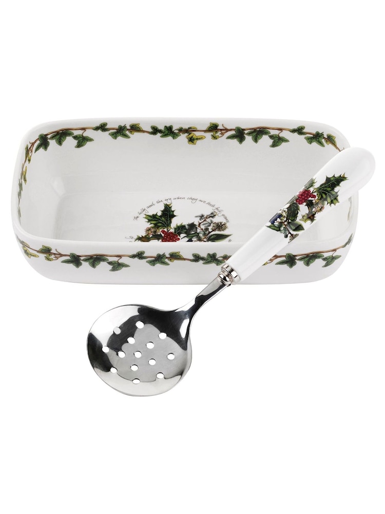 Portmeirion White Holly & Ivy Cranberry Dish And Slotted Spoon - Image 3 of 3