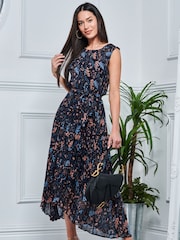 Jolie Moi Blue Textured Chiffon Pleated Dress - Image 1 of 5