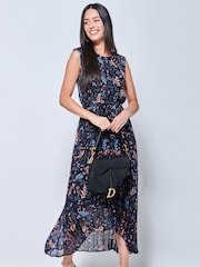 Jolie Moi Blue Textured Chiffon Pleated Dress - Image 3 of 5