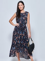 Jolie Moi Blue Textured Chiffon Pleated Dress - Image 4 of 5