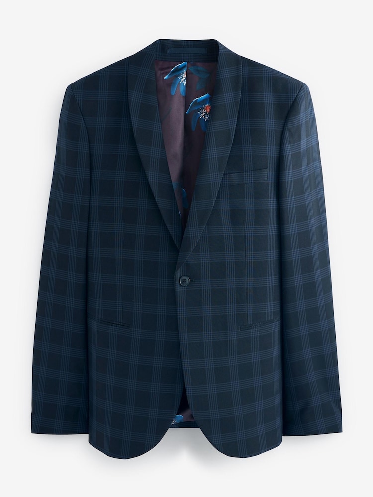 Navy Blue Skinny Fit Motion Flex Check Suit: Jacket - Image 1 of 3