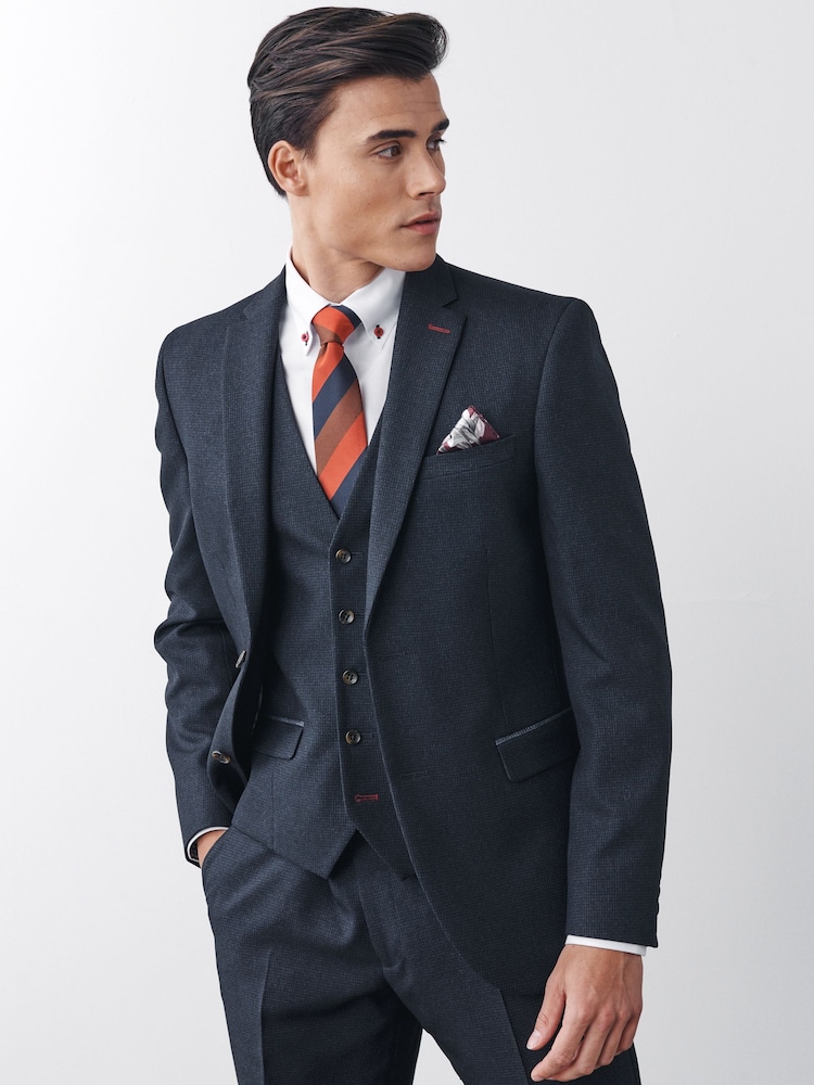 Navy Blue Slim Fit Puppytooth Design Suit Jacket - Image 2 of 11