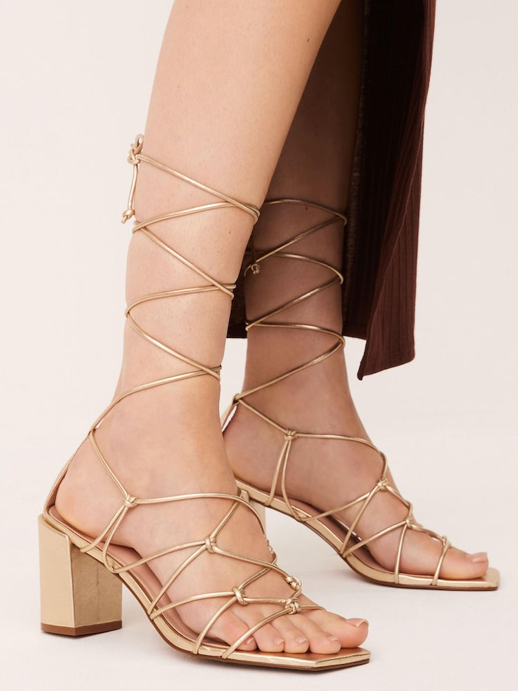 Gold Signature Leather Caged Knot Block Heels - Image 1 of 7