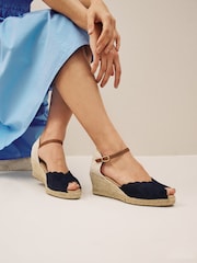 Navy Blue Scallop Peep Toe Wedges - Image 1 of 6